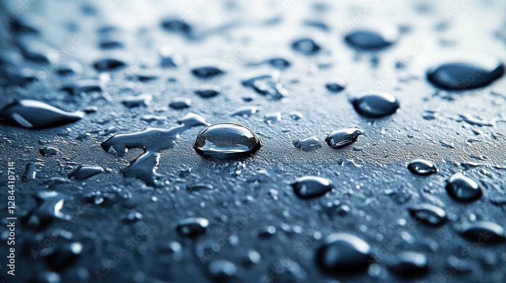 Close-up water droplets on dark surface, background of more droplets.  Possible use Texture, design element