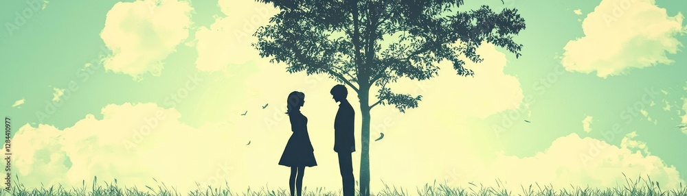 Fototapeta premium Couple under tree, idyllic landscape, contemplation, use for book cover or poster