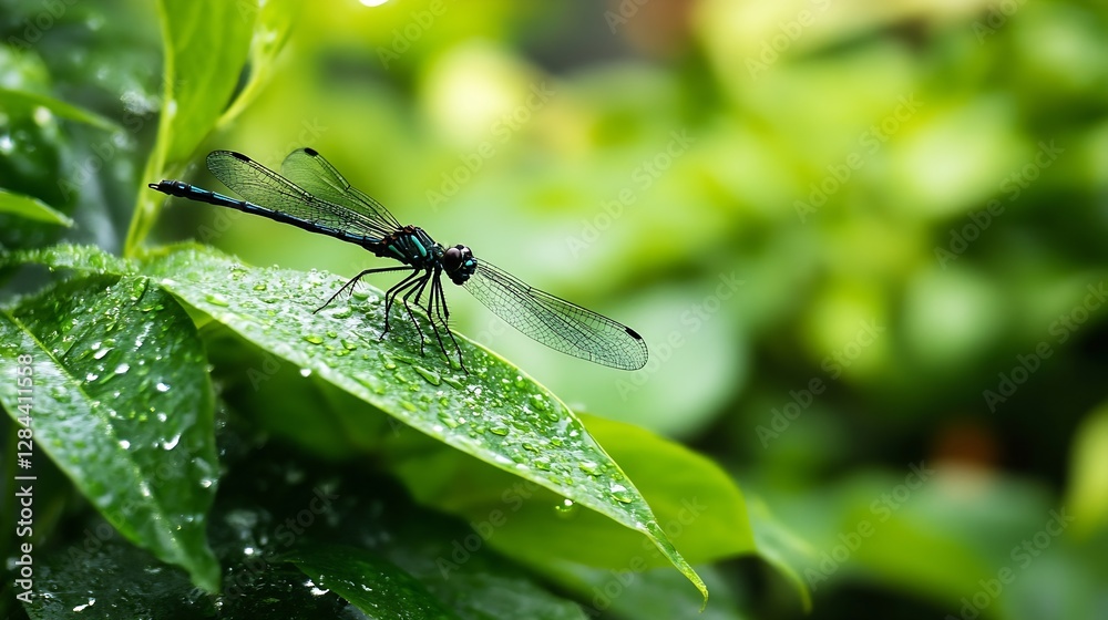 A stunning closeup of a striking dragonfly perched on a lush green leaf with water droplets : Generative AI A stunning closeup of a striking dragonfly perched on a lush green leaf with water droplets : Generative AI
