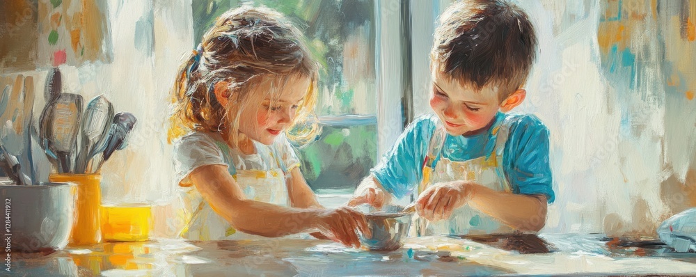 custom made wallpaper toronto digitalTwo young children baking cookies together in a sunlit kitchen, sharing joy and creativity