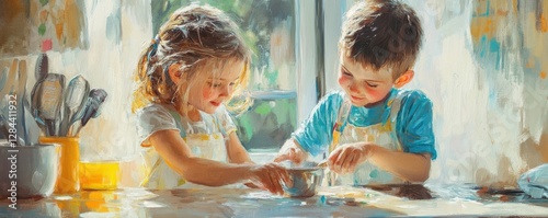 Wallpaper Mural Two young children baking cookies together in a sunlit kitchen, sharing joy and creativity Torontodigital.ca