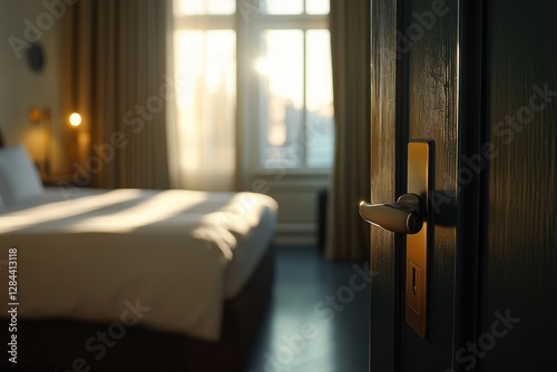 close up hotel room door with digital keycard lock, blurred background of modern bedroom interior, sunlight and warm color tone, hotel concept