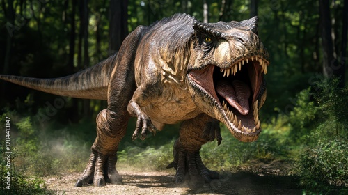 Fototapeta Naklejka Na Ścianę i Meble -  Ferocious t. rex roaring in lush forest environment