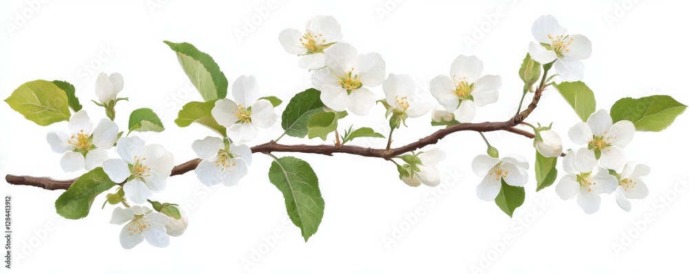 White apple blossoms on branch with green leaves White apple blossoms on branch with green leaves