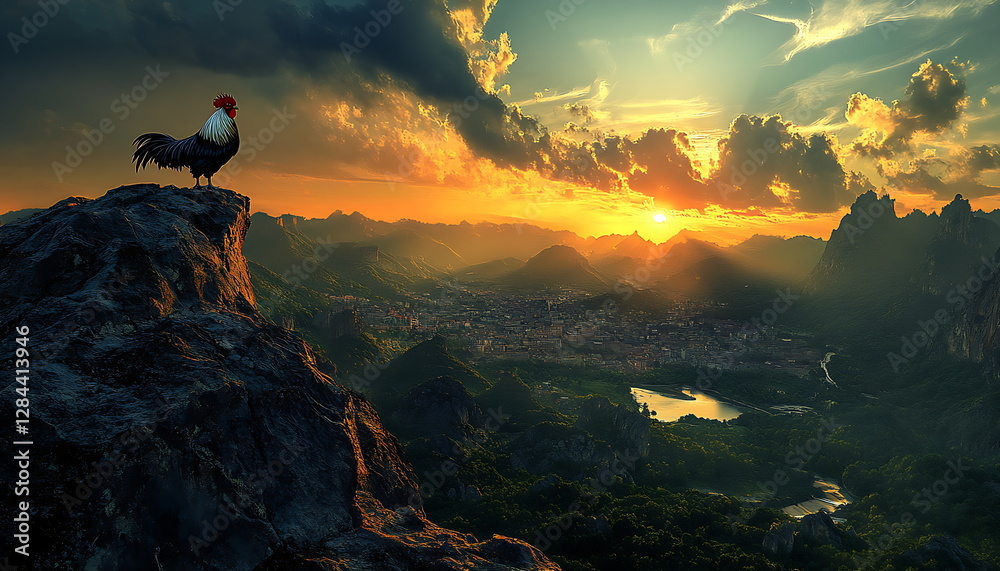 A graceful rooster standing tall on the edge of a mountain, Generative AI A graceful rooster standing tall on the edge of a mountain, Generative AI