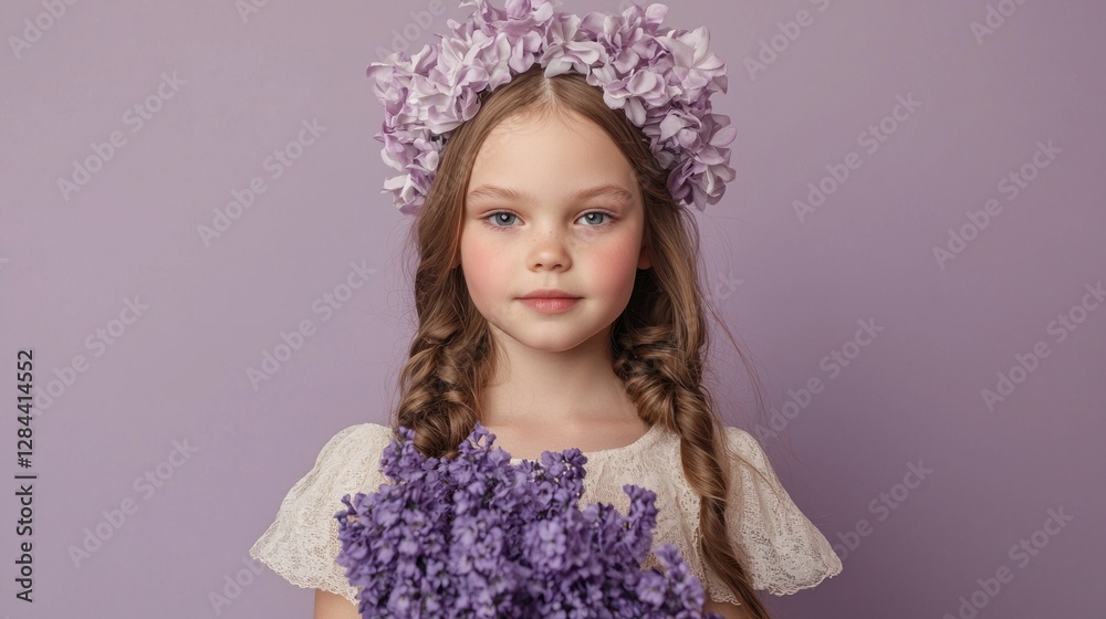 Girl with flower crown, studio portrait, purple backdrop. Possible use children's fashion, lifestyle, beauty Girl with flower crown, studio portrait, purple backdrop. Possible use children's fashion, lifestyle, beauty