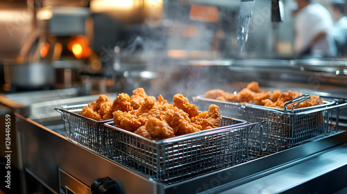 Deep frying crispy chicken in a commercial kitchen setting