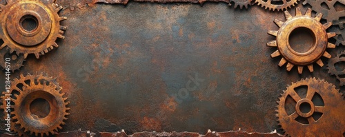 Rusty gears and metal texture background with industrial vintage aesthetic photo