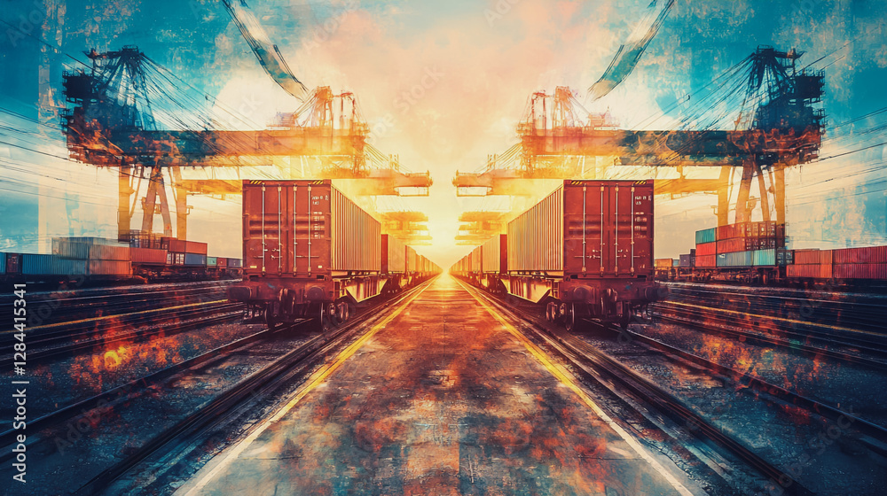 Obraz premium Global business of Container Cargo freight train for Business logistics concept, Air cargo trucking, Rail transportation and maritime shipping, Online goods orders worldwide. Container truck in ship