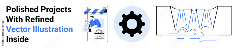 Designer sketching storefront, gear symbolizing strategy, water representing smooth workflow. Ideal for innovation, planning, design, engineering, collaboration, productivity flat landing page Designer sketching storefront, gear symbolizing strategy, water representing smooth workflow. Ideal for innovation, planning, design, engineering, collaboration, productivity flat landing page