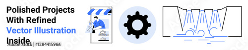 Designer sketching storefront, gear symbolizing strategy, water representing smooth workflow. Ideal for innovation, planning, design, engineering, collaboration, productivity flat landing page