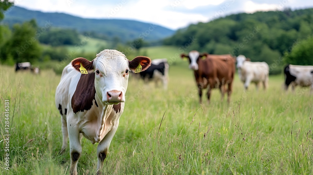 Curious brown and white cow standing in green pasture looking towards the camera with mountains : Generative AI Curious brown and white cow standing in green pasture looking towards the camera with mountains : Generative AI