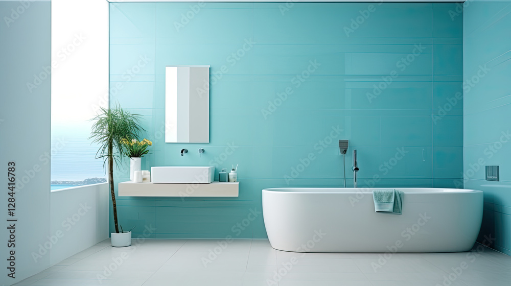 Fototapeta premium Minimalist bathroom interior in white and turquoise