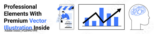 Storefront banner design, blue and black bar chart with growth arrow, human brain outline. Ideal for business, retail, data, marketing, presentation, development science flat landing page banner