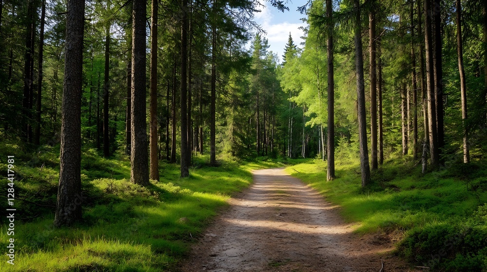 Obraz premium Serene forest pathway surrounded by tall trees and lush greenery on a sunny day : Generative AI