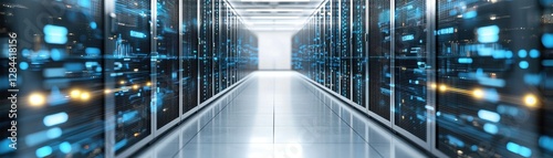 A futuristic data center corridor featuring rows of illuminated server racks, emphasizing technology and connectivity.