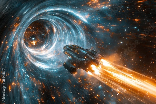 A futuristic spaceship hurtles through a swirling blue wormhole, engines blazing, capturing the essence of space travel and interstellar exploration, with a science theme. photo