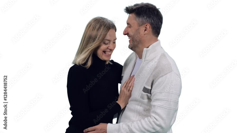 Slow motion of mid adult couple smiling at each other, Full HD footage with alpha transparency channel isolated on white background Slow motion of mid adult couple smiling at each other, Full HD footage with alpha transparency channel isolated on white background