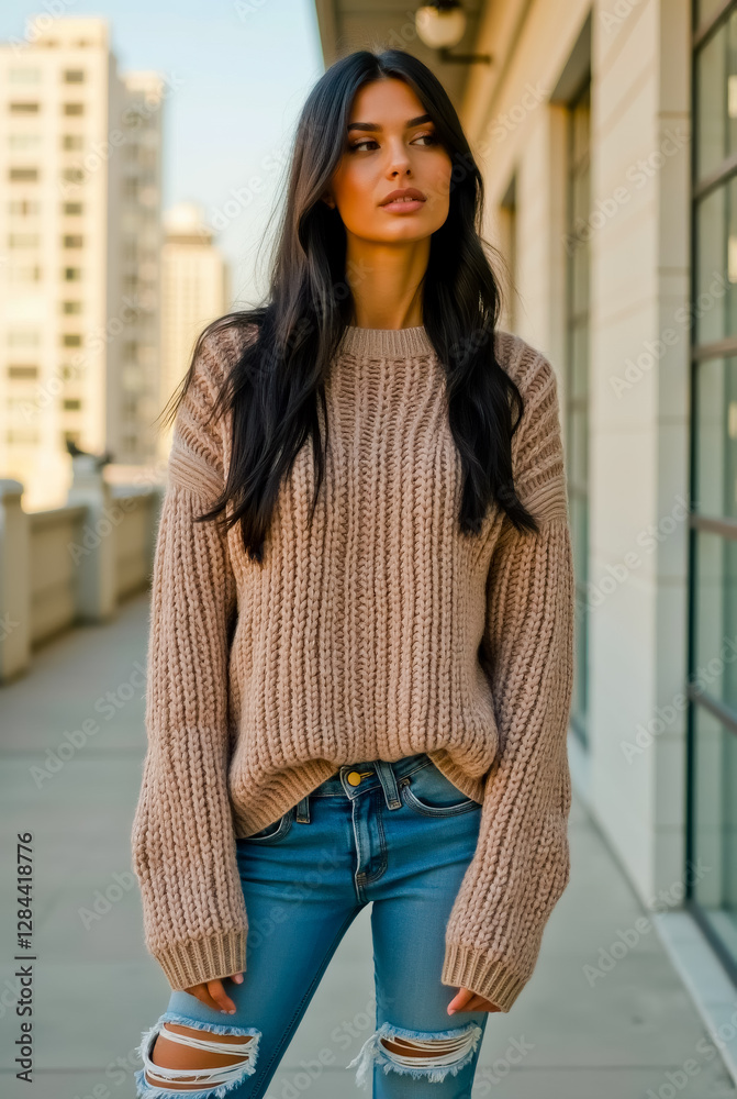 Fototapeta premium A woman is wearing a white sweater and blue jeans