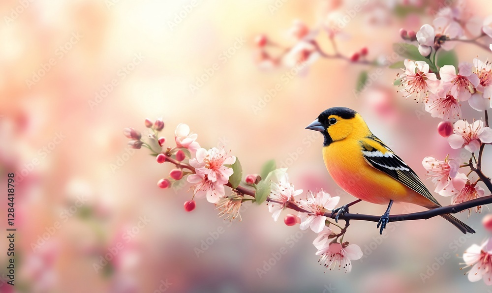 Yellow bird perched on flowering branch, light pink background, use for nature display