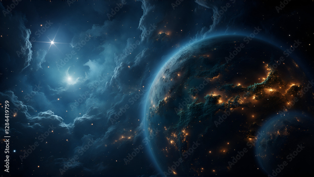 Obraz premium Mysterious Dark Planet with City Lights Amidst Blue Nebula Clouds