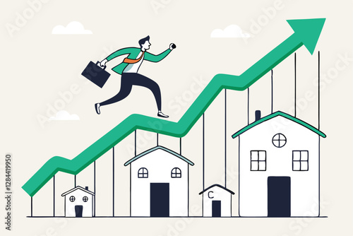 Housing price rising up, real estate or property growth concept, businessman running on rising green graph on house roof. vector