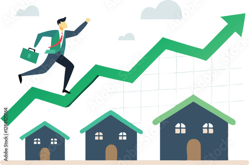 Housing price rising up, real estate or property growth concept, businessman running on rising green graph on house roof. vector