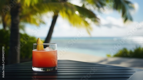 Moderate drinking with a glass of rum punch at a tropical resort. Featuring relaxation and enjoyment