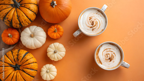 Top view of pumpkins and pumpkin spice lattes on orange background with copy space