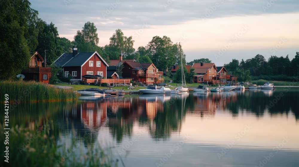 Charming Scandinavian village with wooden houses by the serene lake at sunset. Generative AI Charming Scandinavian village with wooden houses by the serene lake at sunset. Generative AI