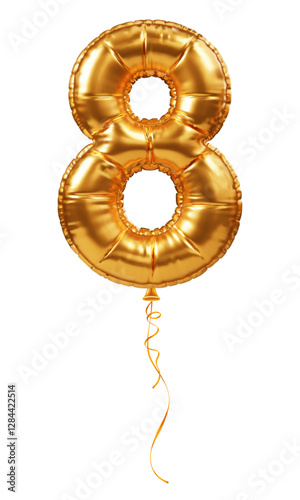 Golden foil balloon in form of number 8. Inflatable gold balloon, digit eight, isolated. Festive decoration for birthday, anniversary or other holiday celebration. 3D realistic vector illustration