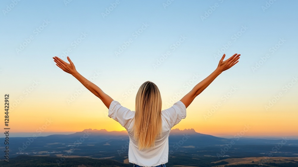 Joyful Woman Embracing Sunset View with Outstretched Arms Joyful Woman Embracing Sunset View with Outstretched Arms