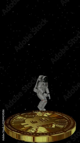 Astronaut Runs on Rotating Gold Bitcoin, Vertical Background, Business, Exclusive
