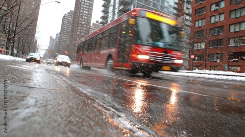 City Bus in Snowstorm on Wet Road photo