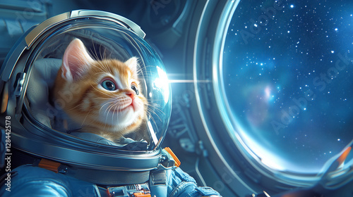 Cute kitten in a space helmet gazes out at the stars from a spacecraft during an adventurous cosmic journey