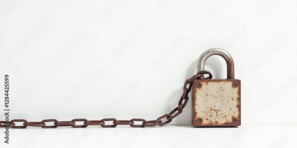Rusty padlock secured with a long chain against a stark white backdrop Rusty padlock secured with a long chain against a stark white backdrop