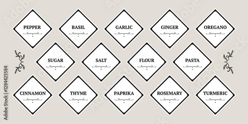 A set of stickers for storing spices. square modern kitchen stickers. sugar, salt, coffee, basil, pepper, cinnamon