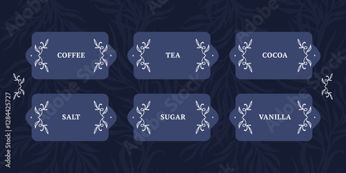 a sticker pack with stickers for the kitchen pantry. a set of stickers for the pantry, sugar, salt, ice cream, tea, cocoa, vanilla