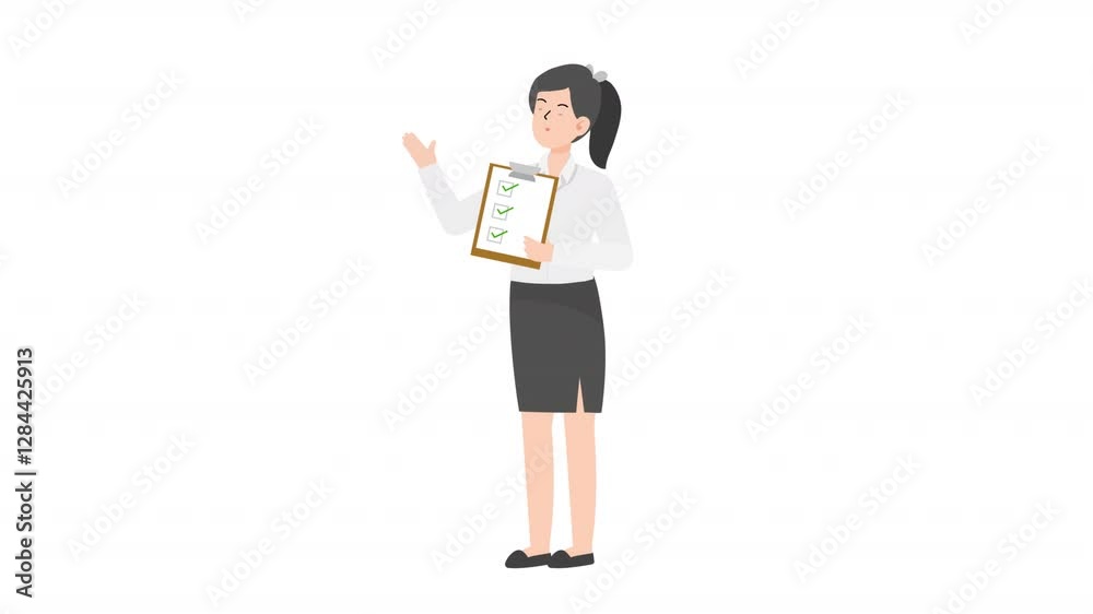 Woman standing holding a checklist cartoon animation
