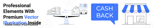 Scale balancing house, car, and money, cashback speech bubble, storefront with awning. Ideal for finance, savings, investments, real estate business e-commerce digital banking flat landing page