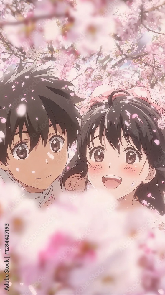Fototapeta premium Anime children under cherry blossoms. Possible use Stock photo