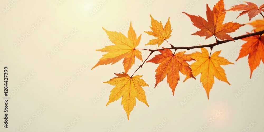 Golden Autumn Maple Leaves on a Branch Against a Soft, Light Background Golden Autumn Maple Leaves on a Branch Against a Soft, Light Background