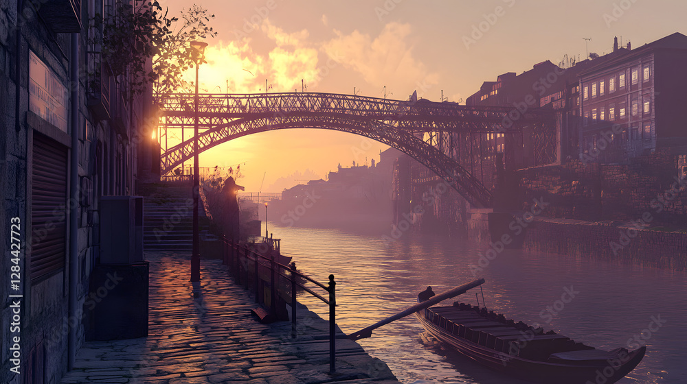 Fototapeta premium Panoramic View of Oporto Bridges at Sunset in Portugal