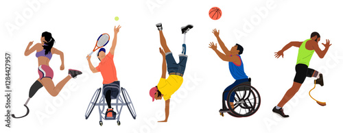Set of diverse sport people with disabilities. Athletes with prosthetic legs, in wheelchairs participating in competition, running, playing tennis, basketball. Vector illustration isolated.