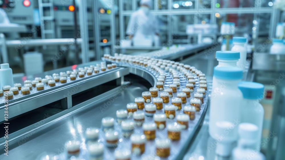 Fototapeta premium Pharmaceutical production line overview factory setting industrial environment ar