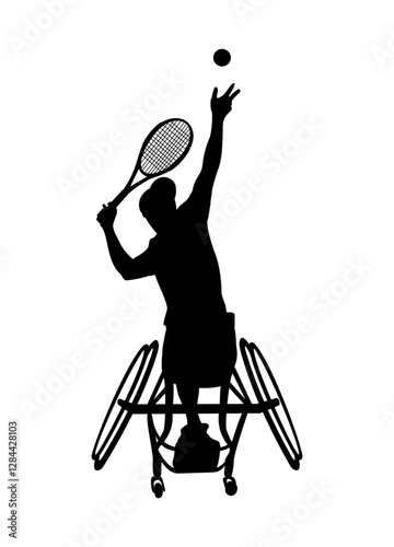 Silhouette of man athlete with disability playing tennis sitting in wheelchair. Disabled sportsman hold racket hitting ball. Guy without one leg doing sports. Vector isolated
