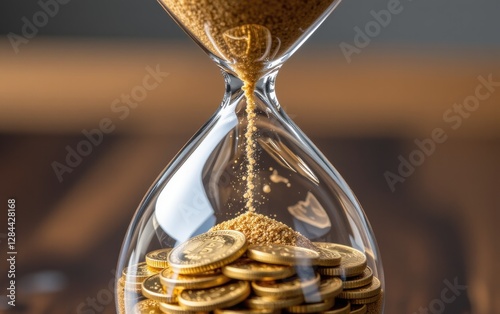  An hourglass filled with sand above and gold coins below, symbolizing the relationship between time and money, and the concept of time as a valuable resource in financial growth.