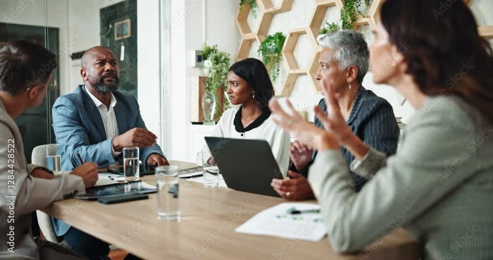 Business people, argument and disagreement with negotiation, deal or audit meeting for b2b portfolio. Financial advisor, accountant or agent with discussion for consultation advice or proposal review