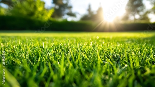Vivid close up of dewcovered grass glistening in the early morning light with a beautiful sunrise backdrop : Generative AI photo