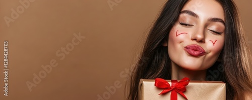 Woman with long hair holding gift and puckering lips against brown background